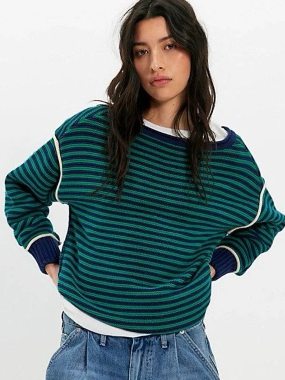 Free People We The Free Asher Pullover Navy Green Stripe XS